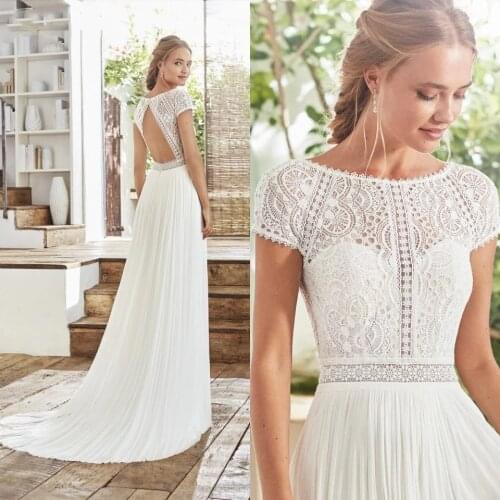 Boho Beach Wedding Dress Chiffon Short Cap Sleeves O-Neck A Line Bride Dresses Backless Sweep Train Vintage Vestido De Noiva