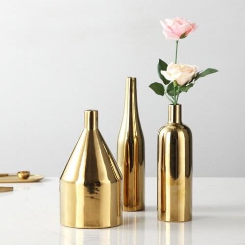 Nordic Style Golden Electroplated Flower Arrangement Vase Ceramic Flower Pot Hydroponic Potted Home Desktop Decoration
