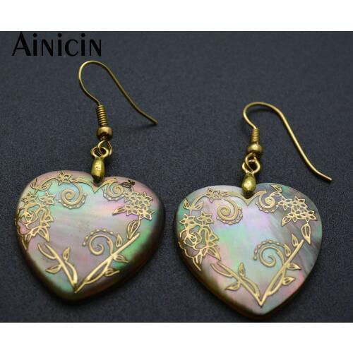 10pcs Heart Shape Dangle Hook Earrings Gold Flower Setting On Black Shell Earring Fashion Women Party Jewelry