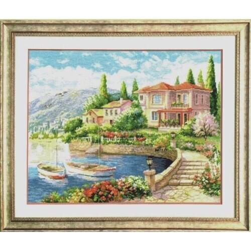 100% egypt cotton Gold Collection Lovely Counted Cross Stitch Kit Morning on the Coast House Home Town Boat Yacht