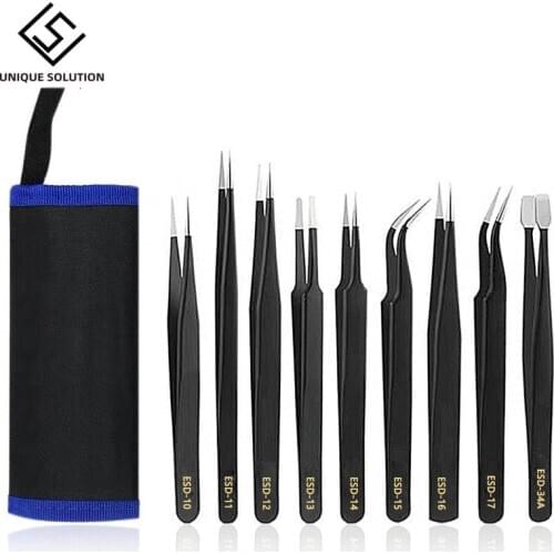 9 pcs/set Anti-static ESD Stainless Steel Tweezers Maintenance Tools Industrial Precision Curved Straight Tweezers Repair Tools