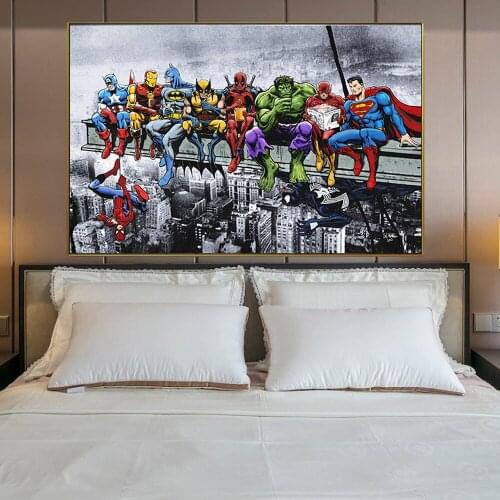 5D Diamond Painting Funny Anime Marvel Superheroes The Last Supper Posters Avengers Atop A Skyscraper Picture Home Decor