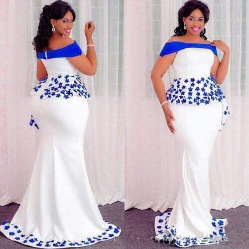Aso Ebi Styles Mermaid Evening Formal Dresses with Peplum 2020 Off Shoulder Lace Floral African Nigerian Occasion Prom Gown