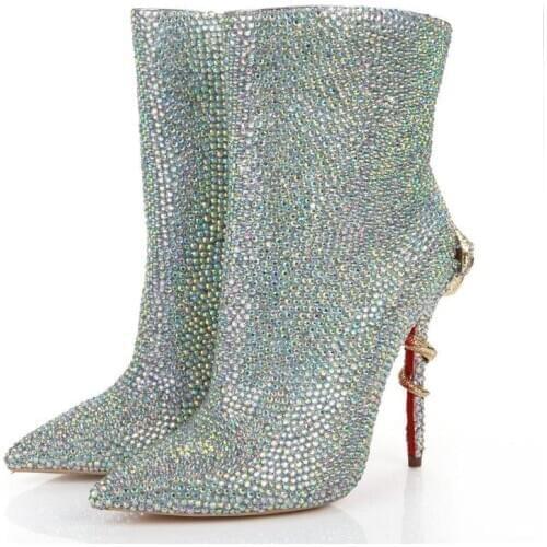 Ankle Boots Women Snake High-heeled Pointed Zipper Short Boots Handmade Colorful Diamond Fashion Crystal Shoes Woman Botas Mujer