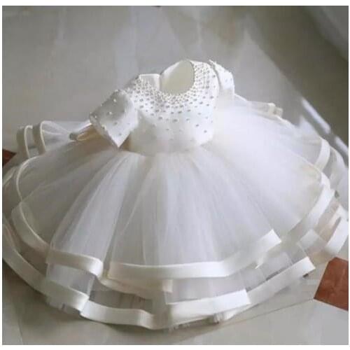Ivory White Baby Girl Birthday Dress Long Infant Toddler Baptism Christening Gown Custom Made