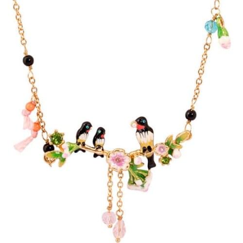 European and American Fashion Autumn and Winter Swallow Series Hand-painted Enamel Three Swallows Pink Flower Necklace Tassel