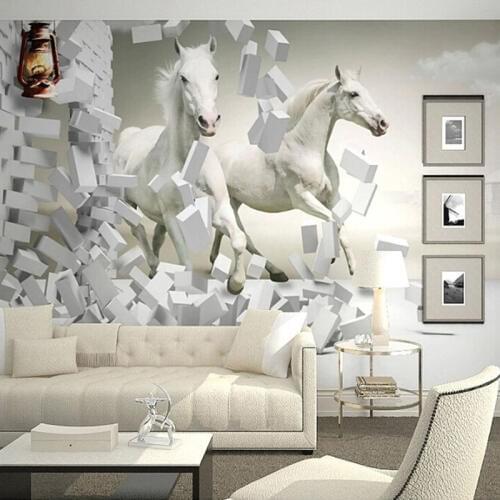 Custom Mural Wallpaper White Horse Galloping Brick Wall Living Room Sofa TV Background Photo Wall Art Murals Non woven Wallpaper