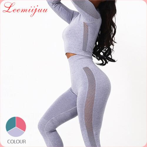 LEEMIIJUU Women Yoga Set Fitness Sports Suits GYM Cloth Tops Yoga Long Sleeve Shirts High Waist Running Leggings Workout Pants