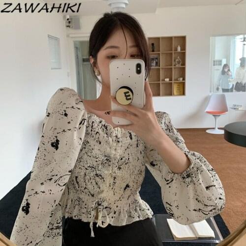 ZAWAHIKI Fashion Women Blouses Autumn New One-shoulder Retro Ruffles Puff Long Sleeve Casual Fold Drawstring Printed Short Tops
