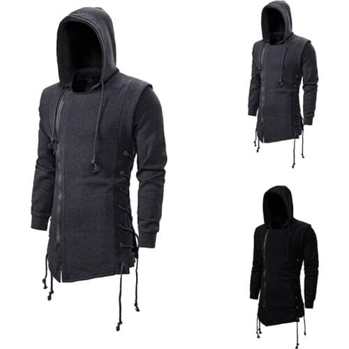 2021 Men Medieval Halloween Cosplay Costumes Renaissance Long Sweatshirt Bandage Zipper Hooded Loose Coat Linen Retro Shirt