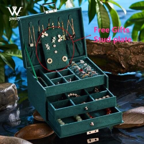 WE Three-layers Portable Flannel Green Jewelry Box Lock Organizer Storage Earring Necklace Display Organizer for Women Gifts