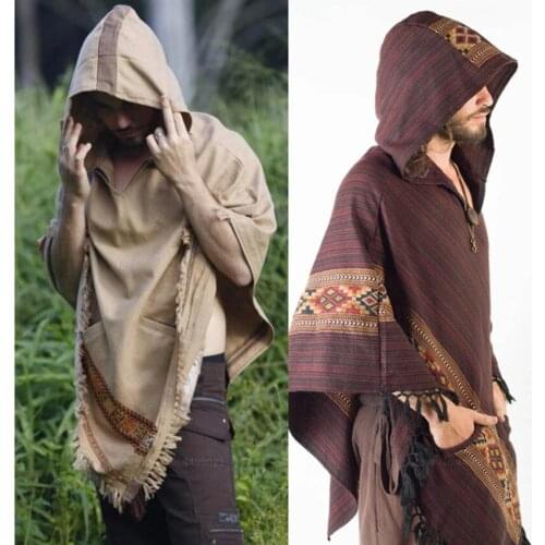 New Fashion Halloween Costumes Man Medieval Cosplay Party Costumes Cotton Viking Vintage Fancy Hooded Tassel Coats For Male