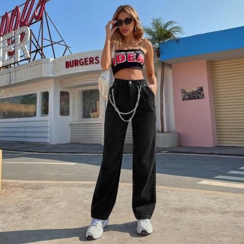 New Ladies Fashion Loose Solid Color Jeans Adult Black High-Waisted Straight Trousers With Chain Pockets and Chain Clauses