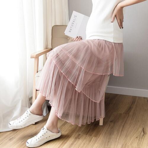 Solid cake Maternity Skirt Pleated Clothes For Pregnant Women Pregnancy Clothing Mesh High waist Long Skirts Summer 2019