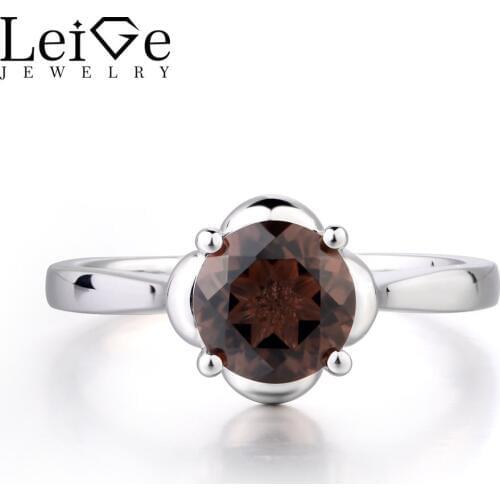 Leige Jewelry Solitaire Natural Brown Color Smoky Quartz Rings Round Shape Prong Setting Vintage Ring 925 Sterling Silver