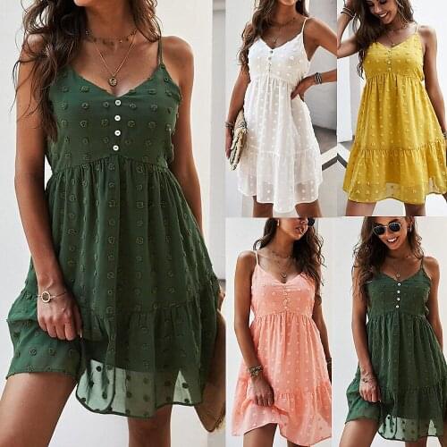 Sexy Dress V Neck Casual Camisole Mini Dress Spaghetti Strap Summer Button Elastic Waist Beach Holiday Dress Vestidos Mujer
