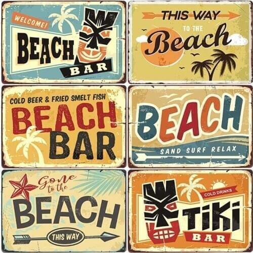 Beach Tiki Bar Poster Tin Signs Vintage Decorative Cafe Pub Hawaii Tropical Bar Metal Plaque Wall Decoration Party Decor