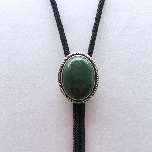 Original Vintage Silver Plated Handcraft Nature ZA Greenstone Wedding Oval Bolo Tie Necklace Neck Tie