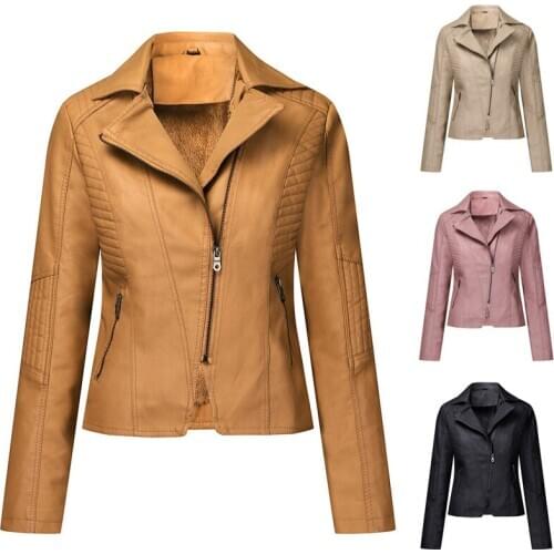 Womens PU Faux Leather Jacket Casual Plush Lining Coat Contemporary Motorcycle Outwear