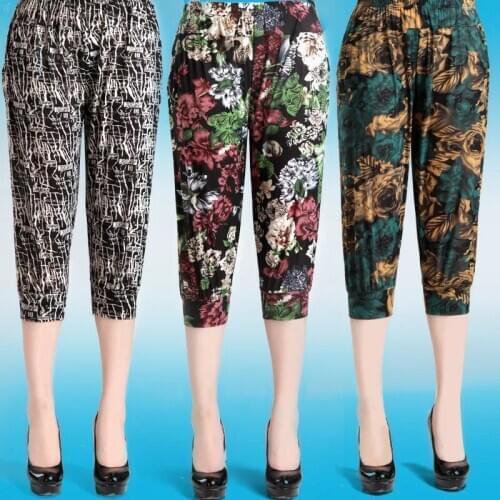 Women clothing women pants calf-length pants print high elastic trousers elastic waist european summer thin pants women capris