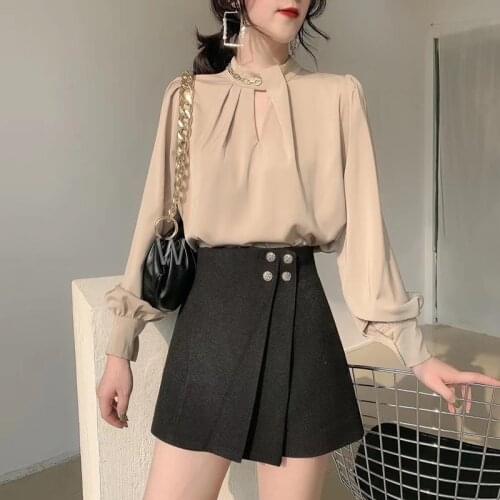 Heydress 2020 Women Autumn Elegant Office Lady Long Sleeve White Blouse Female Hollow Out Solid Turtleneck Satin Street Shirts