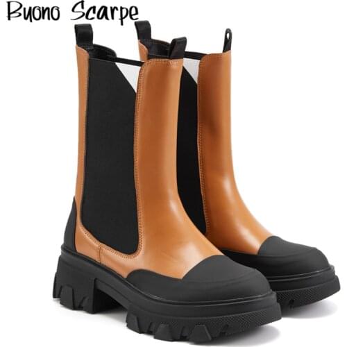 British Chelsea Boots for Women Leather Thick Bottom Short Botas Slip On Round Toe Platform Boots Mixed Colors Mujer Zapatos New