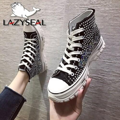 LazySeal Platform Canvas Ankle Boots Women 3cm Heels Boots For Women Colorful Crystals Rivets Lace-up Women Shoes Mujer
