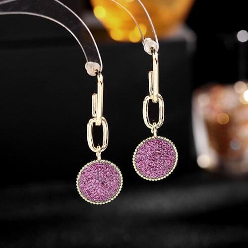 Korean Fashion Cute Simple Purple Earrings European And American Micro-Inlaid Gem Retro Metal Chain Disc Earrings Women