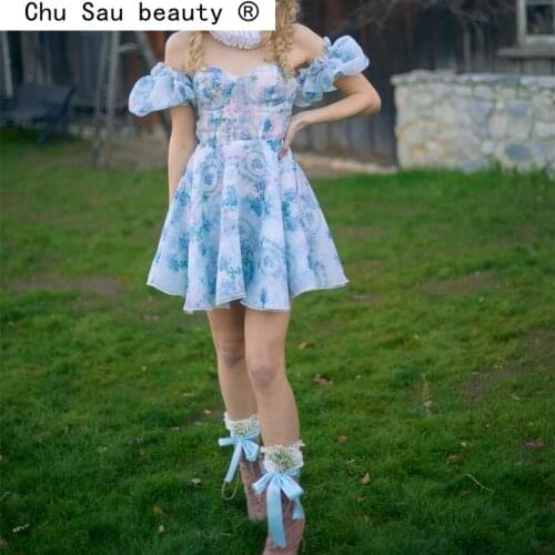 New Fashion Sweet Chic Floral Printed Mini Dress Women Street Style Organza Puff Sleeve V-neck Dresses Female Vestidos