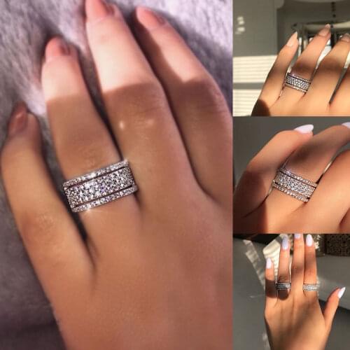 Women Luxury Fashion Silver Color Fine Jewelry Gift Rings Crystal Rhinestone Wedding Engagement Ring Band