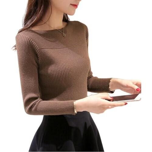 2021 Spring Autumn women ladies long sleeve boat neck slim knitted sweet shoulder off sweater top femme korean pullover Clothes