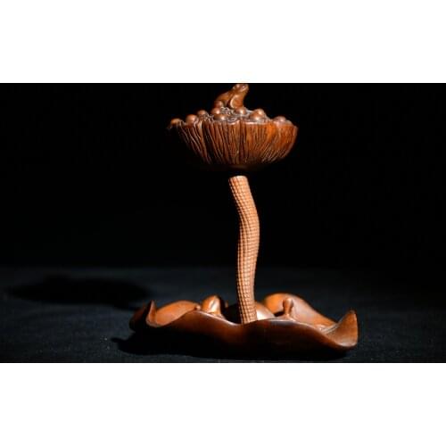 5" China Lucky Old Boxwood Hand-carved Frog statue Lotus brush wash Inkstone Four Treasures of the Study Office Ornaments