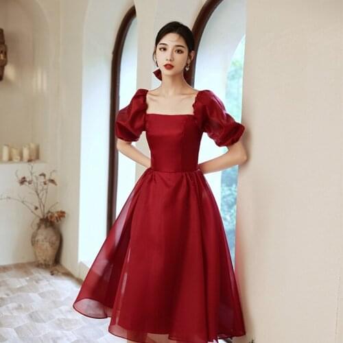 Mesh-satin Patchwork Qipao Puff Sleeve Strapless Pleated Prom Party Dress Gown Sexy Backless Cheongsam Burgundy Short Vestidos