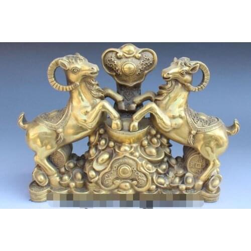 Free shipping S01957 15" Chinese Bronze Zodiac Year 2 Sheep Goat Wealth Money Yuan Bao Ru Yi Statue