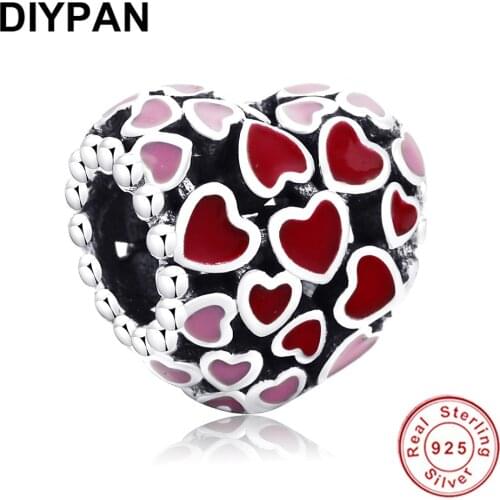 925 Sterling Silver Pink Red Enamel Heart Charms Fit Original Pandora Bracelet Charm Beads Women Jewelry Berloque