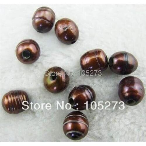 Elegant Big Hole 2.2mm Pearl Size 9x11mm Oval Brown Color Natural Freshwater Pearls Loose Beads 20pcs/Lot New Free Shipping