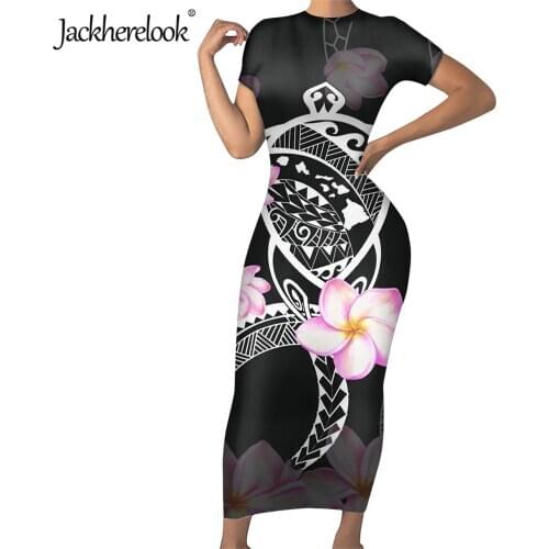 Jackherelook Sexy Bodycon Dresses for Teen Girls Hawaiian Turtle Polynesian Samoan Hibiscus Print Short Sleeve Pencil Dress 2020