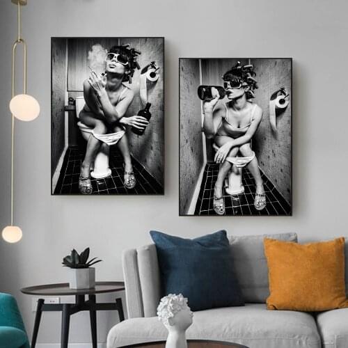 Toilet Sexy Girl Art Canvas Painting Smoking Drinking Bathroom Posters and Prints Modern Wall Art Pictures for Living Room Decor