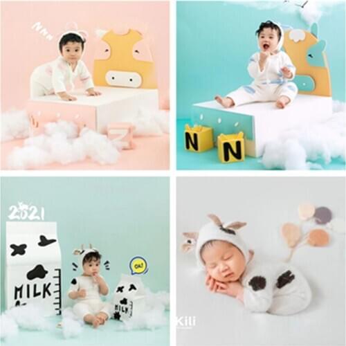 Dvotinst Newborn Baby Photography Props Soft Wool Knitted Cute Cow Outfits Rompers Ears Bonnet Hat 2pcs Studio Shoots Photo Prop