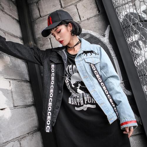 Punk Denim Jacket Womens Large Size Letter Black Blue Streetwear Jean Womens Spring Autumn Jacket Oversize Hip Pop Female Coat