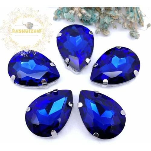 HOT!!! Sapphire blue Water drop shape Glass Crystal sew on rhinestones with four claw Diy Clothing accessories Free shipping