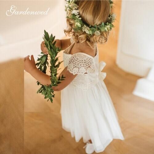 Cute Ivory Flower Girl Dresses 2020 Lace A Line Chiffon Baby Girl Party Dresses Back Bowknot Tea Length First Communion Dresses