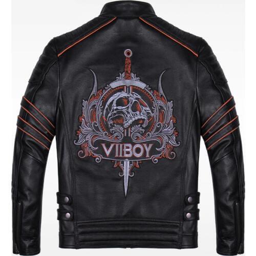 2017 New Mens Skull Embroidery Motorcycle Leather Jacket Punk Fashion Black Stand Collar Genuine Thick Cowhide Slim Fit Coats