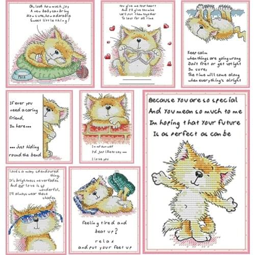 Cute cats Count Print Cross Stitch kits, cat and text Embroidery Needlework Set, DIY printed canvas Cross stitch Accessory Tools