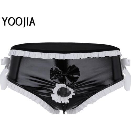 Mens Lingerie Underwear Wetlook Leather Open Front Pouch Penis Hole Sissy Panties Ruffled Bow Zip Crotch Bikini Briefs Underwear