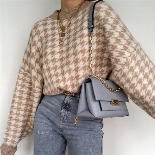Autumn pullover sweater knitted women winter 2020 loose sweater women casual ladies vintage houndstooth sweater streetwear