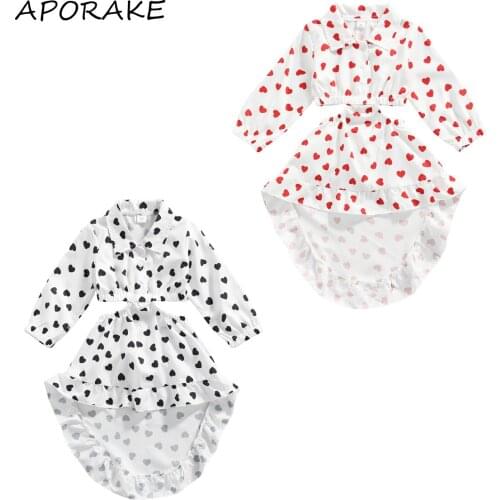 2021 0-6Y Fashion Kids Baby Girls Dress Hearts Print Hollow Waist Turn-down Collar Long Sleeve Asymmetrical Dress Autumn Outfit