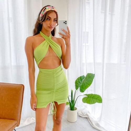 Women Sexy Green Dress Summer 2021 Fashion Club Outfit Streetwear Summer Clothes for Women Party Robe Ladies Mini Halter Dresses