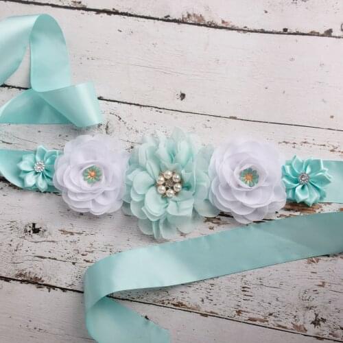 Aqua/white Maternity Sash Flower Sash Pregnancy Belly Belt Photo Props Gift Baby Shower Party Sash Flower Girl Belt