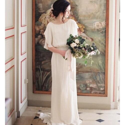 Elegant Simple A-Line Round Neck Chiffon Vintage Short Sleeve Sexy Backless Sweep Train Wedding Gown Wedding Dress Bride